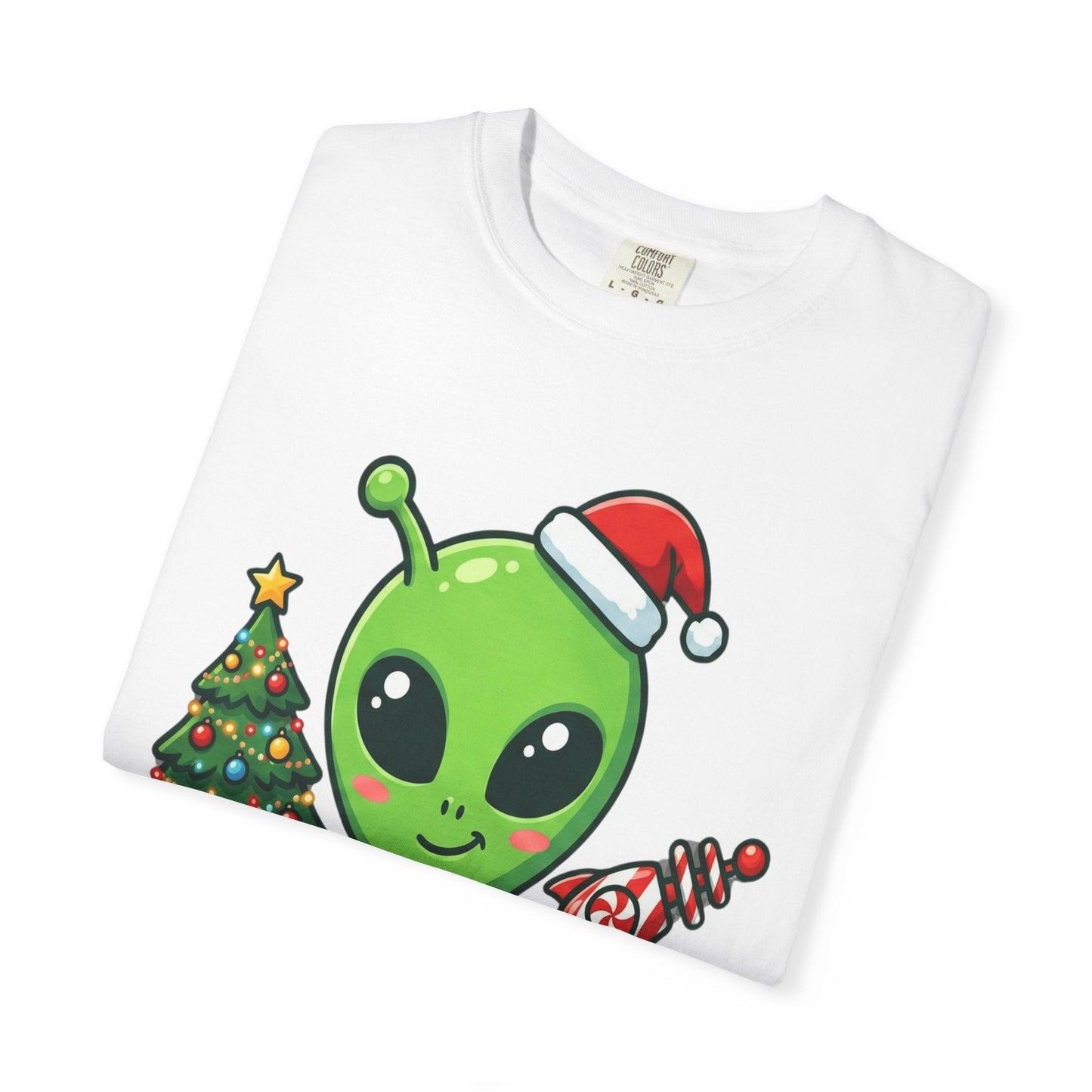 Cosmic Christmas Cheer: Alien Holiday Celebration, Festive Sci - Fi IllustrationT-Shirt – Custom T-Shirt by PixelCraft360, unique decoration for events and special gifts