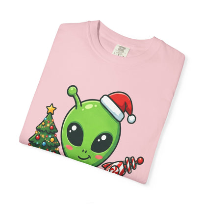 Cosmic Christmas Cheer: Alien Holiday Celebration, Festive Sci - Fi IllustrationT-Shirt – Custom T-Shirt by PixelCraft360, unique decoration for events and special gifts