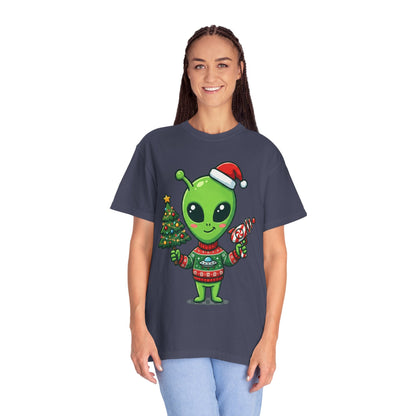 Cosmic Christmas Cheer: Alien Holiday Celebration, Festive Sci - Fi IllustrationT-Shirt – Custom T-Shirt by PixelCraft360, unique decoration for events and special gifts
