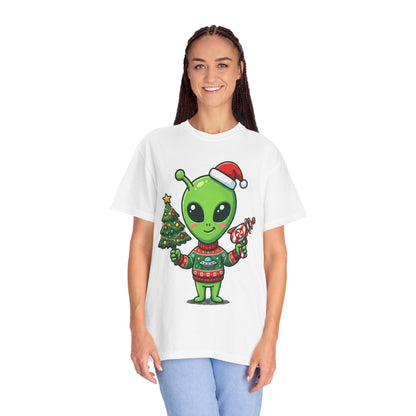 Cosmic Christmas Cheer: Alien Holiday Celebration, Festive Sci - Fi IllustrationT-Shirt – Custom T-Shirt by PixelCraft360, unique decoration for events and special gifts