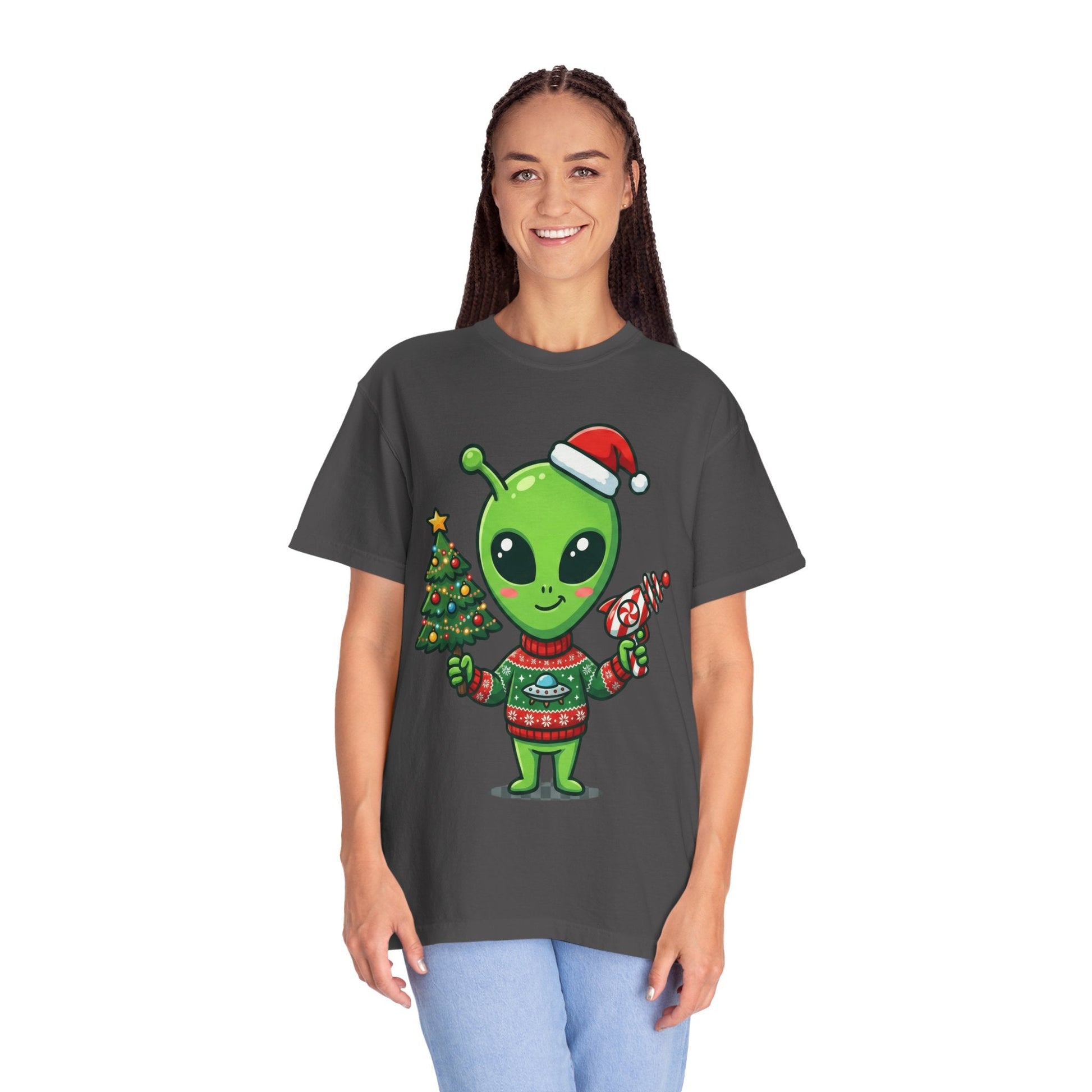 Cosmic Christmas Cheer: Alien Holiday Celebration, Festive Sci - Fi IllustrationT-Shirt – Custom T-Shirt by PixelCraft360, unique decoration for events and special gifts