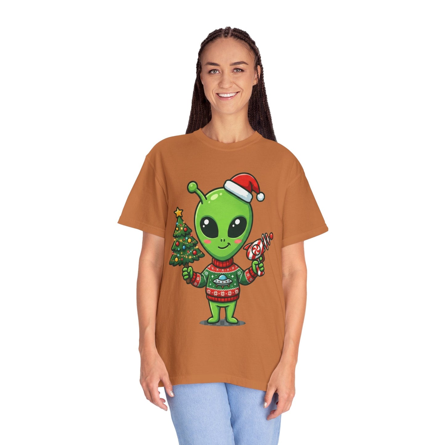 Cosmic Christmas Cheer: Alien Holiday Celebration, Festive Sci - Fi IllustrationT-Shirt – Custom T-Shirt by PixelCraft360, unique decoration for events and special gifts