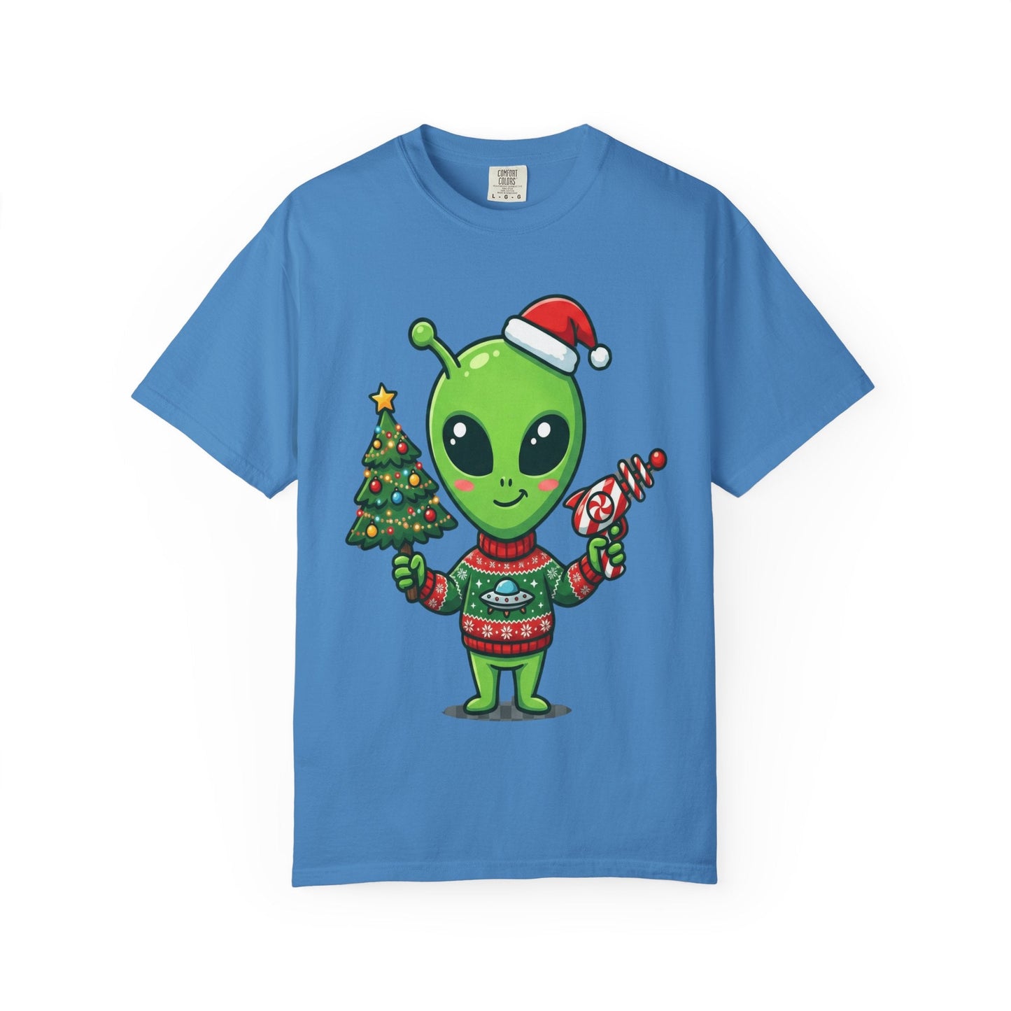 Cosmic Christmas Cheer: Alien Holiday Celebration, Festive Sci - Fi IllustrationT-Shirt – Custom T-Shirt by PixelCraft360, unique decoration for events and special gifts