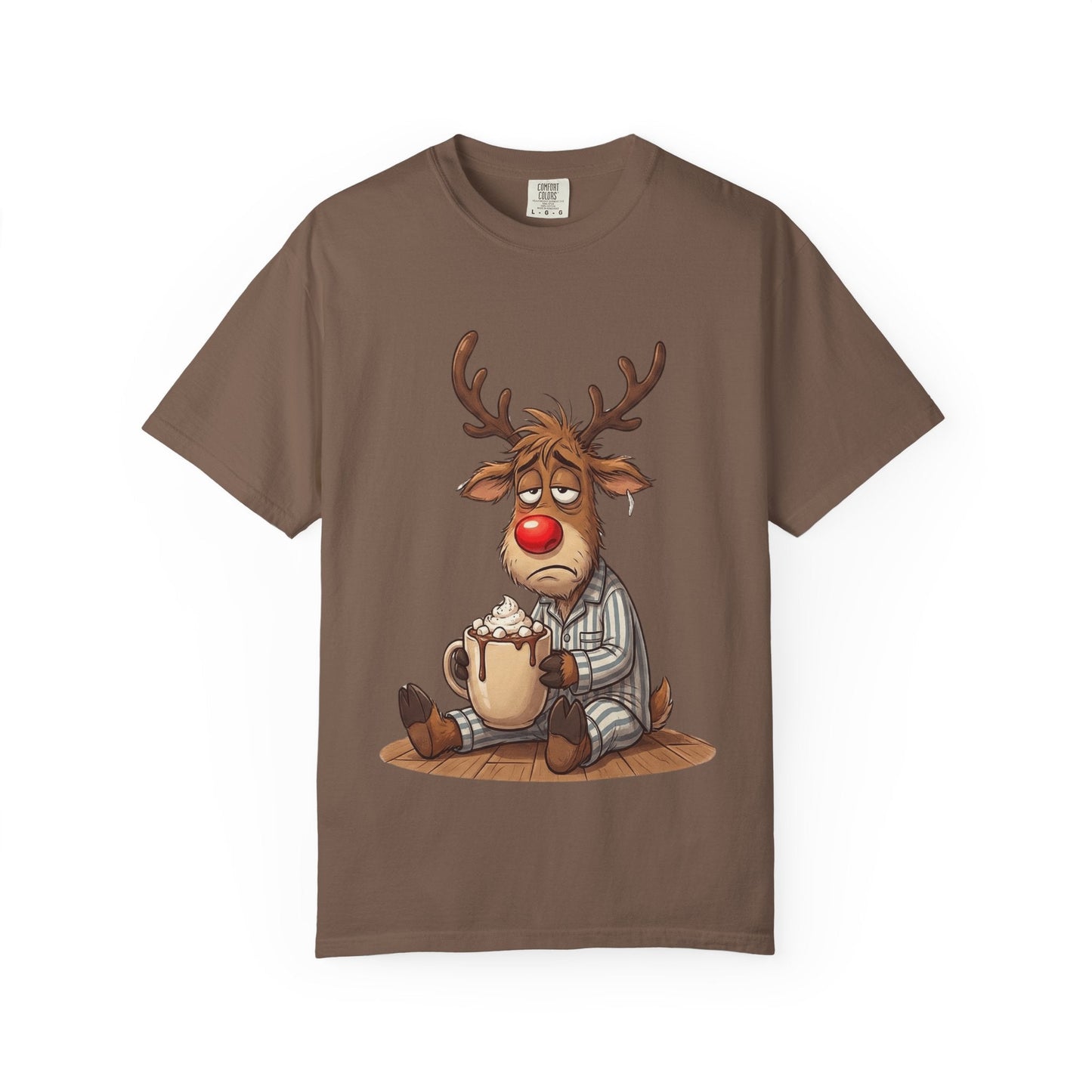 Cozy Reindeer Retreat: Sleepy Santa's Helper, Digital Cartoon Illustration, Festive Pajama Comfort T-shirt – Custom T-Shirt by PixelCraft360, unique decoration for events and special gifts