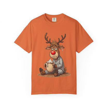Cozy Reindeer Retreat: Sleepy Santa's Helper, Digital Cartoon Illustration, Festive Pajama Comfort T-shirt – Custom T-Shirt by PixelCraft360, unique decoration for events and special gifts