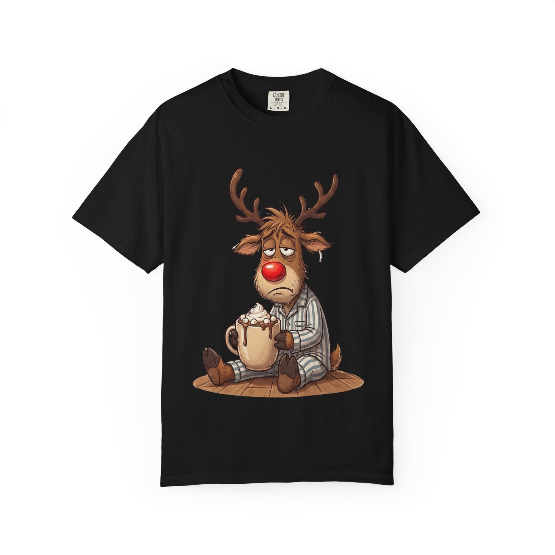 Cozy Reindeer Retreat: Sleepy Santa's Helper, Digital Cartoon Illustration, Festive Pajama Comfort T-shirt – Custom T-Shirt by PixelCraft360, unique decoration for events and special gifts