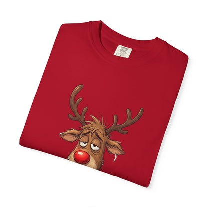 Cozy Reindeer Retreat: Sleepy Santa's Helper, Digital Cartoon Illustration, Festive Pajama Comfort T-shirt – Custom T-Shirt by PixelCraft360, unique decoration for events and special gifts