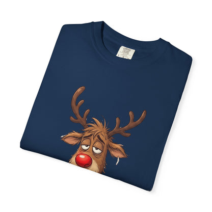 Cozy Reindeer Retreat: Sleepy Santa's Helper, Digital Cartoon Illustration, Festive Pajama Comfort T-shirt – Custom T-Shirt by PixelCraft360, unique decoration for events and special gifts