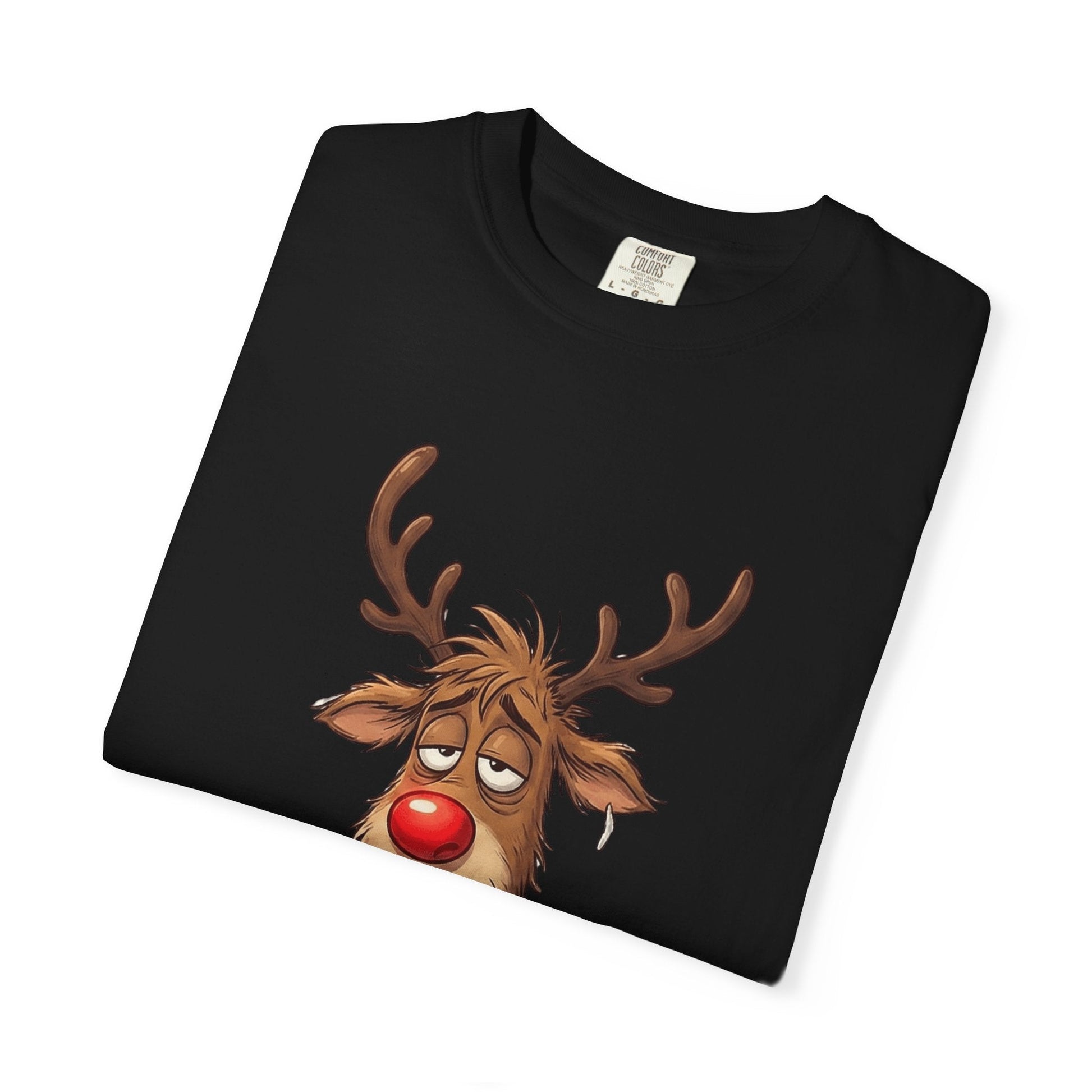 Cozy Reindeer Retreat: Sleepy Santa's Helper, Digital Cartoon Illustration, Festive Pajama Comfort T-shirt – Custom T-Shirt by PixelCraft360, unique decoration for events and special gifts