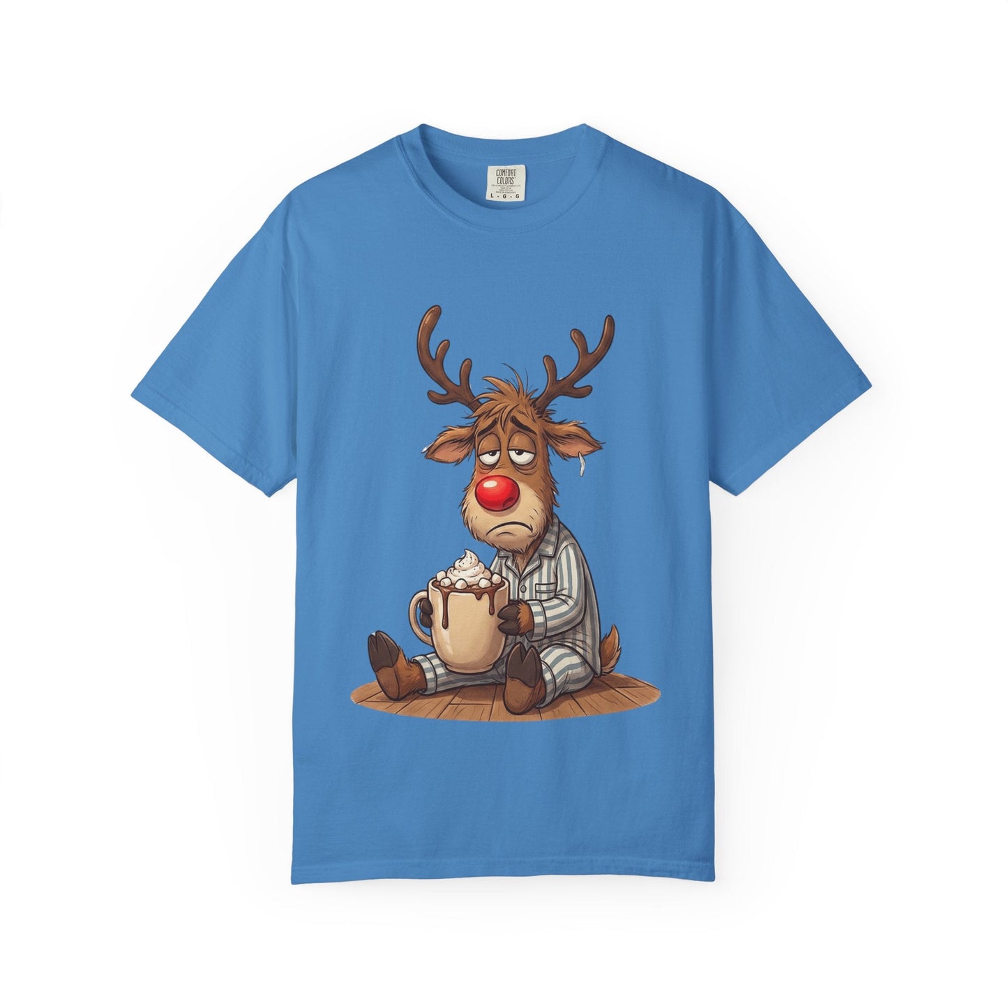 Cozy Reindeer Retreat: Sleepy Santa's Helper, Digital Cartoon Illustration, Festive Pajama Comfort T-shirt – Custom T-Shirt by PixelCraft360, unique decoration for events and special gifts
