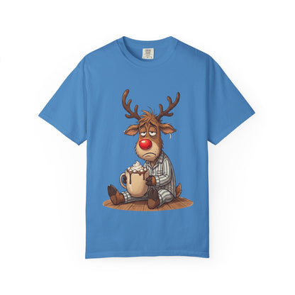 Cozy Reindeer Retreat: Sleepy Santa's Helper, Digital Cartoon Illustration, Festive Pajama Comfort T-shirt – Custom T-Shirt by PixelCraft360, unique decoration for events and special gifts