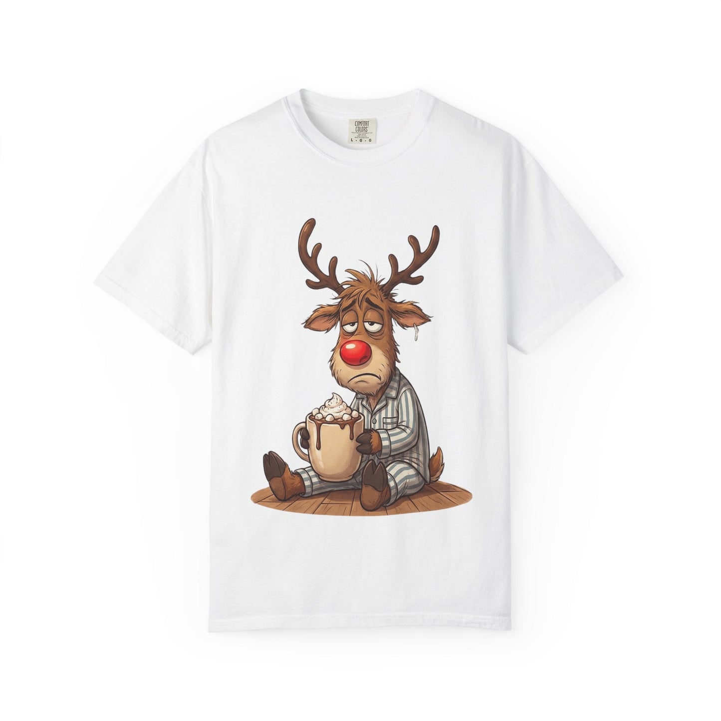 Cozy Reindeer Retreat: Sleepy Santa's Helper, Digital Cartoon Illustration, Festive Pajama Comfort T-shirt – Custom T-Shirt by PixelCraft360, unique decoration for events and special gifts
