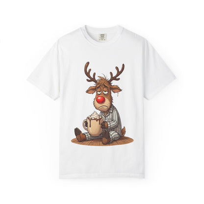 Cozy Reindeer Retreat: Sleepy Santa's Helper, Digital Cartoon Illustration, Festive Pajama Comfort T-shirt – Custom T-Shirt by PixelCraft360, unique decoration for events and special gifts