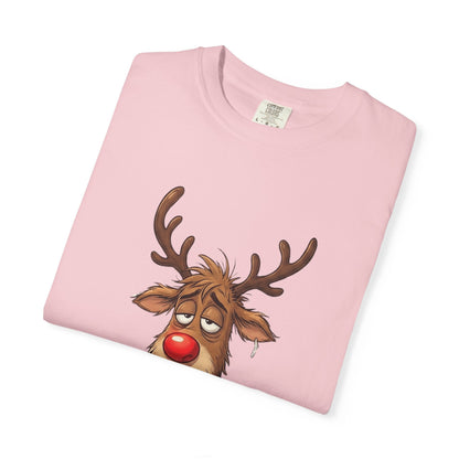 Cozy Reindeer Retreat: Sleepy Santa's Helper, Digital Cartoon Illustration, Festive Pajama Comfort T-shirt – Custom T-Shirt by PixelCraft360, unique decoration for events and special gifts