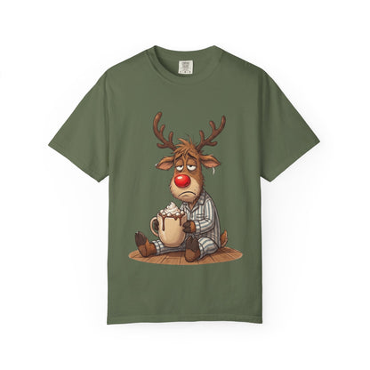 Cozy Reindeer Retreat: Sleepy Santa's Helper, Digital Cartoon Illustration, Festive Pajama Comfort T-shirt – Custom T-Shirt by PixelCraft360, unique decoration for events and special gifts