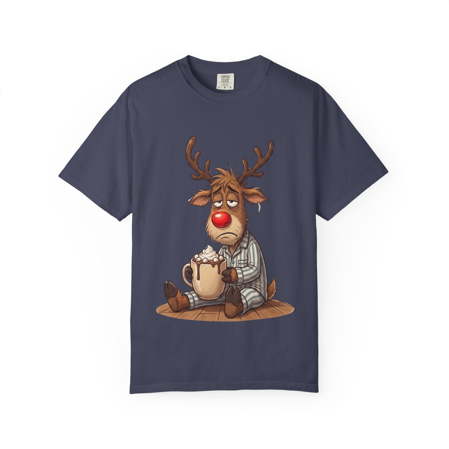 Cozy Reindeer Retreat: Sleepy Santa's Helper, Digital Cartoon Illustration, Festive Pajama Comfort T-shirt – Custom T-Shirt by PixelCraft360, unique decoration for events and special gifts
