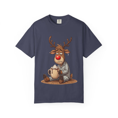 Cozy Reindeer Retreat: Sleepy Santa's Helper, Digital Cartoon Illustration, Festive Pajama Comfort T-shirt – Custom T-Shirt by PixelCraft360, unique decoration for events and special gifts