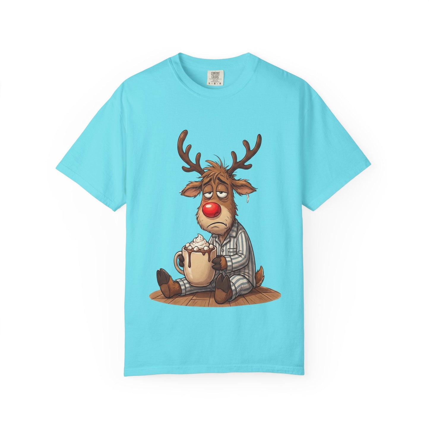 Cozy Reindeer Retreat: Sleepy Santa's Helper, Digital Cartoon Illustration, Festive Pajama Comfort T-shirt – Custom T-Shirt by PixelCraft360, unique decoration for events and special gifts