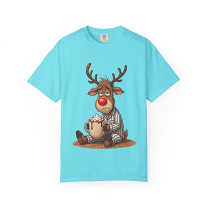 Cozy Reindeer Retreat: Sleepy Santa's Helper, Digital Cartoon Illustration, Festive Pajama Comfort T-shirt – Custom T-Shirt by PixelCraft360, unique decoration for events and special gifts