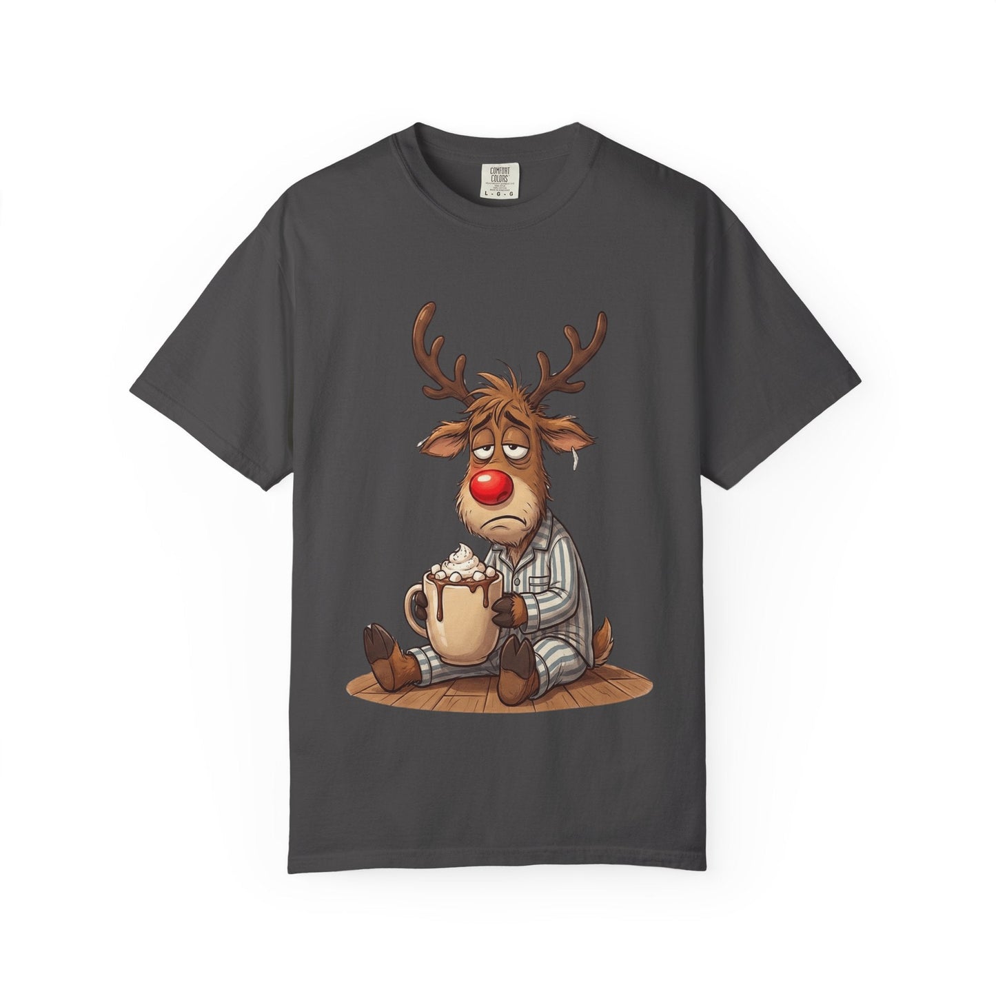 Cozy Reindeer Retreat: Sleepy Santa's Helper, Digital Cartoon Illustration, Festive Pajama Comfort T-shirt – Custom T-Shirt by PixelCraft360, unique decoration for events and special gifts