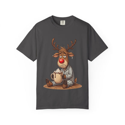 Cozy Reindeer Retreat: Sleepy Santa's Helper, Digital Cartoon Illustration, Festive Pajama Comfort T-shirt – Custom T-Shirt by PixelCraft360, unique decoration for events and special gifts