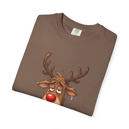 Cozy Reindeer Retreat: Sleepy Santa's Helper, Digital Cartoon Illustration, Festive Pajama Comfort T-shirt – Custom T-Shirt by PixelCraft360, unique decoration for events and special gifts