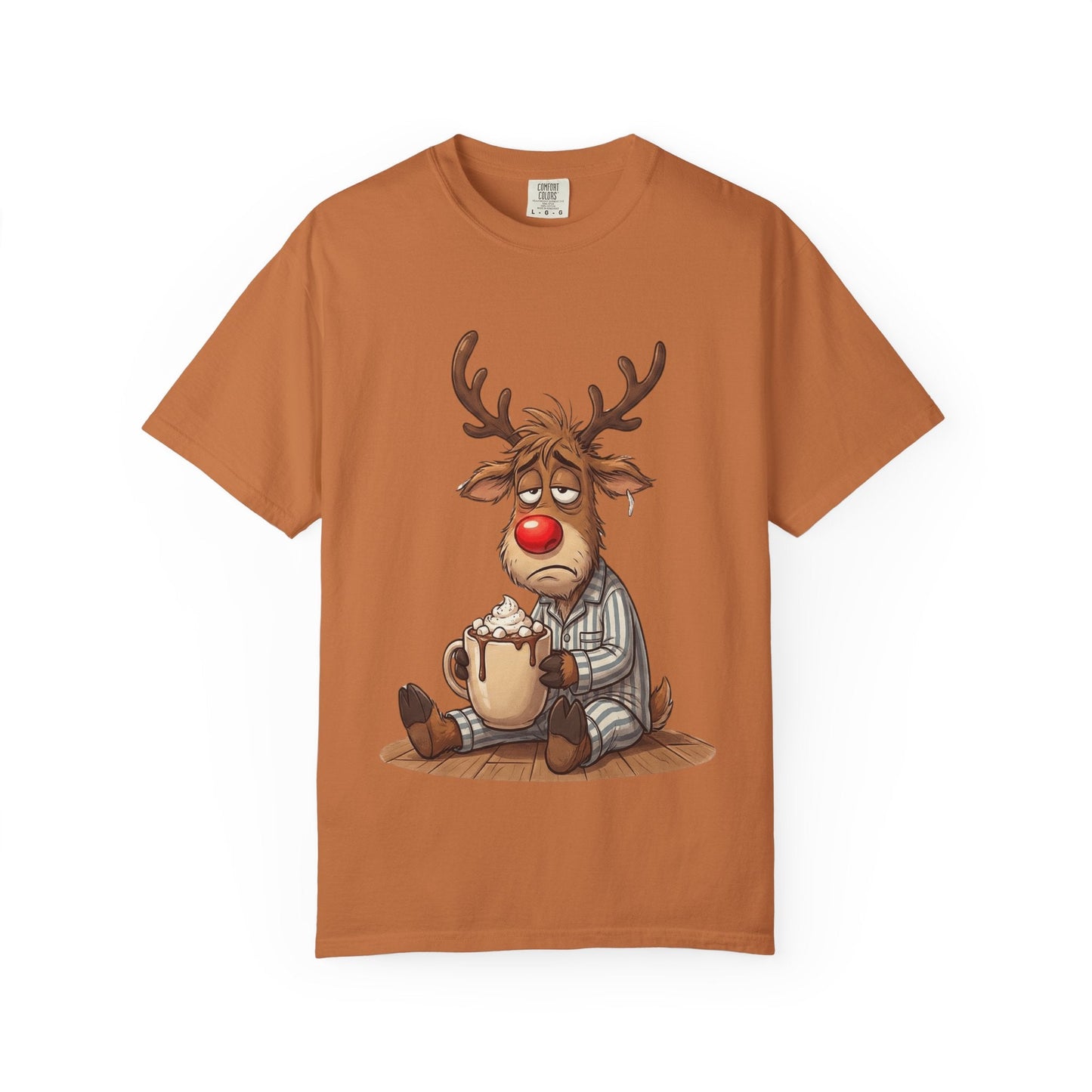 Cozy Reindeer Retreat: Sleepy Santa's Helper, Digital Cartoon Illustration, Festive Pajama Comfort T-shirt – Custom T-Shirt by PixelCraft360, unique decoration for events and special gifts