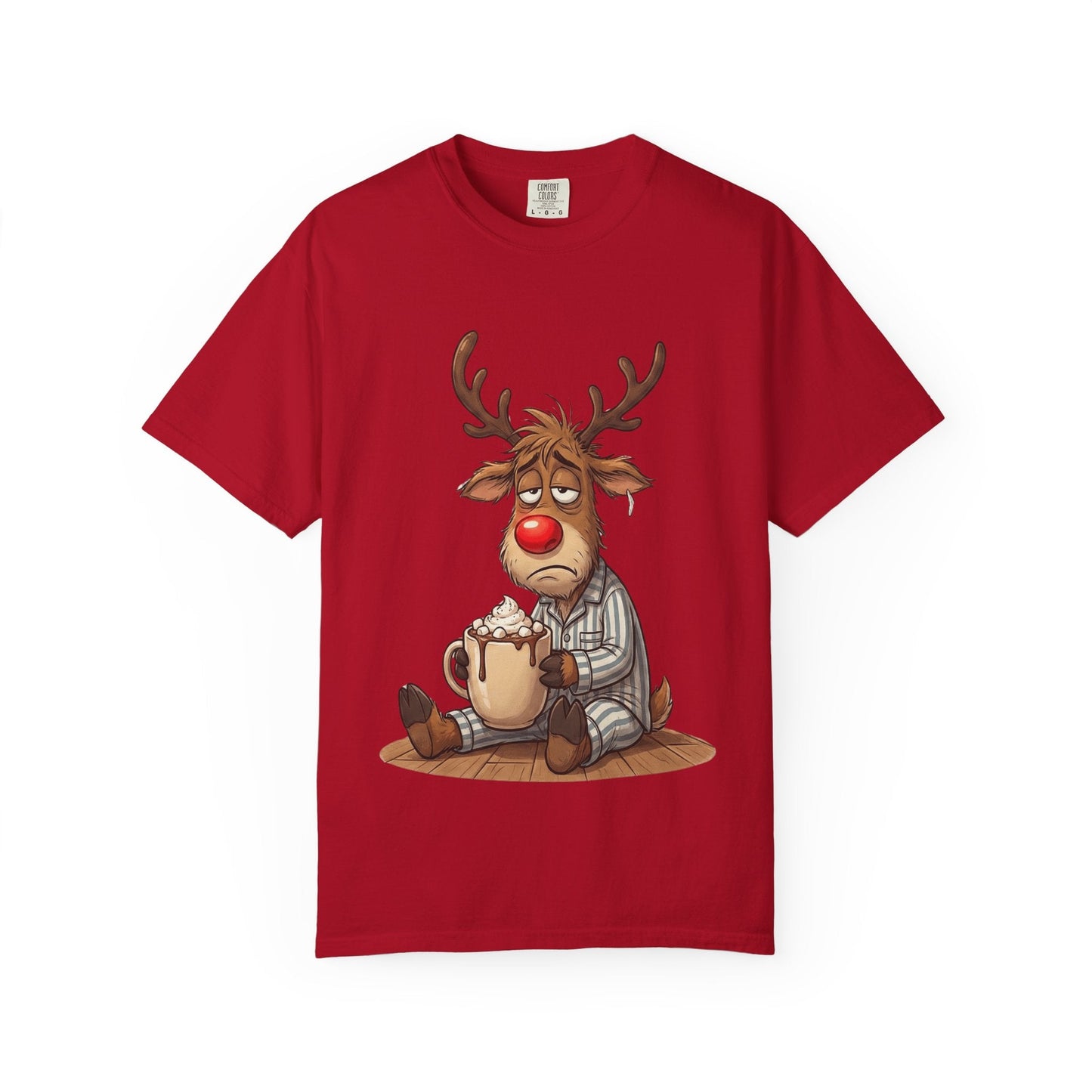 Cozy Reindeer Retreat: Sleepy Santa's Helper, Digital Cartoon Illustration, Festive Pajama Comfort T-shirt – Custom T-Shirt by PixelCraft360, unique decoration for events and special gifts