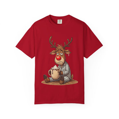 Cozy Reindeer Retreat: Sleepy Santa's Helper, Digital Cartoon Illustration, Festive Pajama Comfort T-shirt – Custom T-Shirt by PixelCraft360, unique decoration for events and special gifts