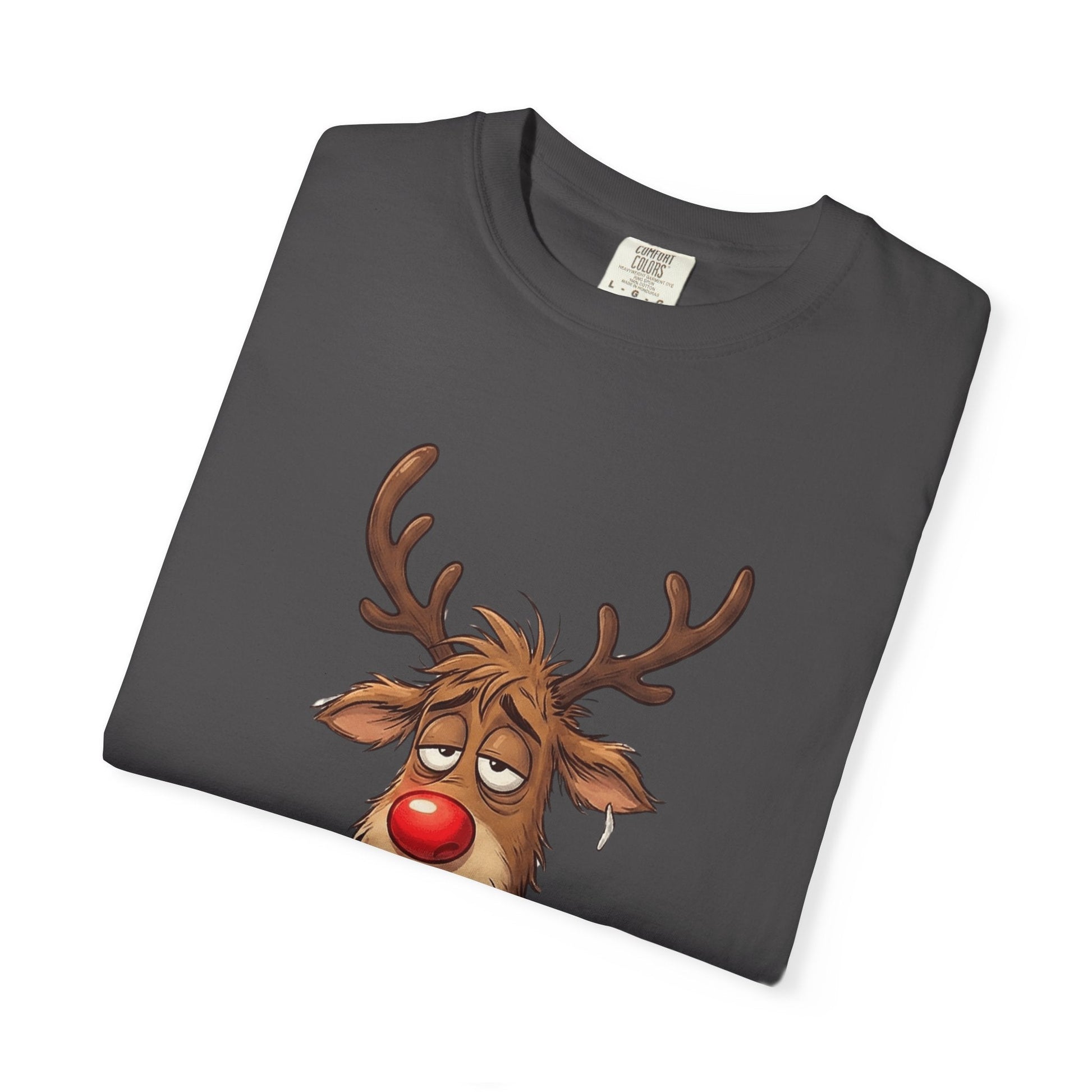 Cozy Reindeer Retreat: Sleepy Santa's Helper, Digital Cartoon Illustration, Festive Pajama Comfort T-shirt – Custom T-Shirt by PixelCraft360, unique decoration for events and special gifts
