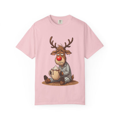 Cozy Reindeer Retreat: Sleepy Santa's Helper, Digital Cartoon Illustration, Festive Pajama Comfort T-shirt – Custom T-Shirt by PixelCraft360, unique decoration for events and special gifts
