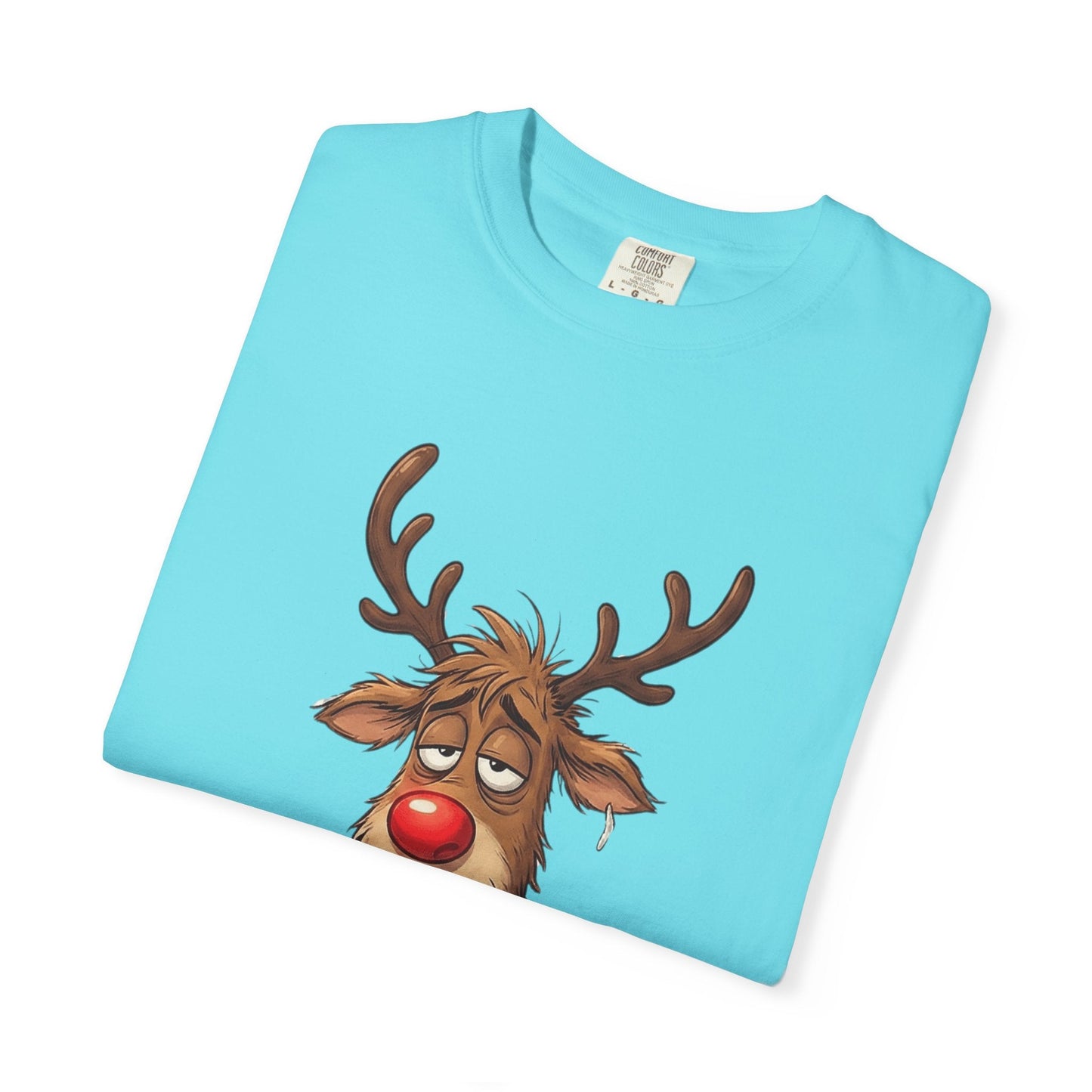 Cozy Reindeer Retreat: Sleepy Santa's Helper, Digital Cartoon Illustration, Festive Pajama Comfort T-shirt – Custom T-Shirt by PixelCraft360, unique decoration for events and special gifts