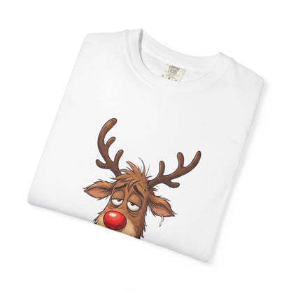 Cozy Reindeer Retreat: Sleepy Santa's Helper, Digital Cartoon Illustration, Festive Pajama Comfort T-shirt – Custom T-Shirt by PixelCraft360, unique decoration for events and special gifts