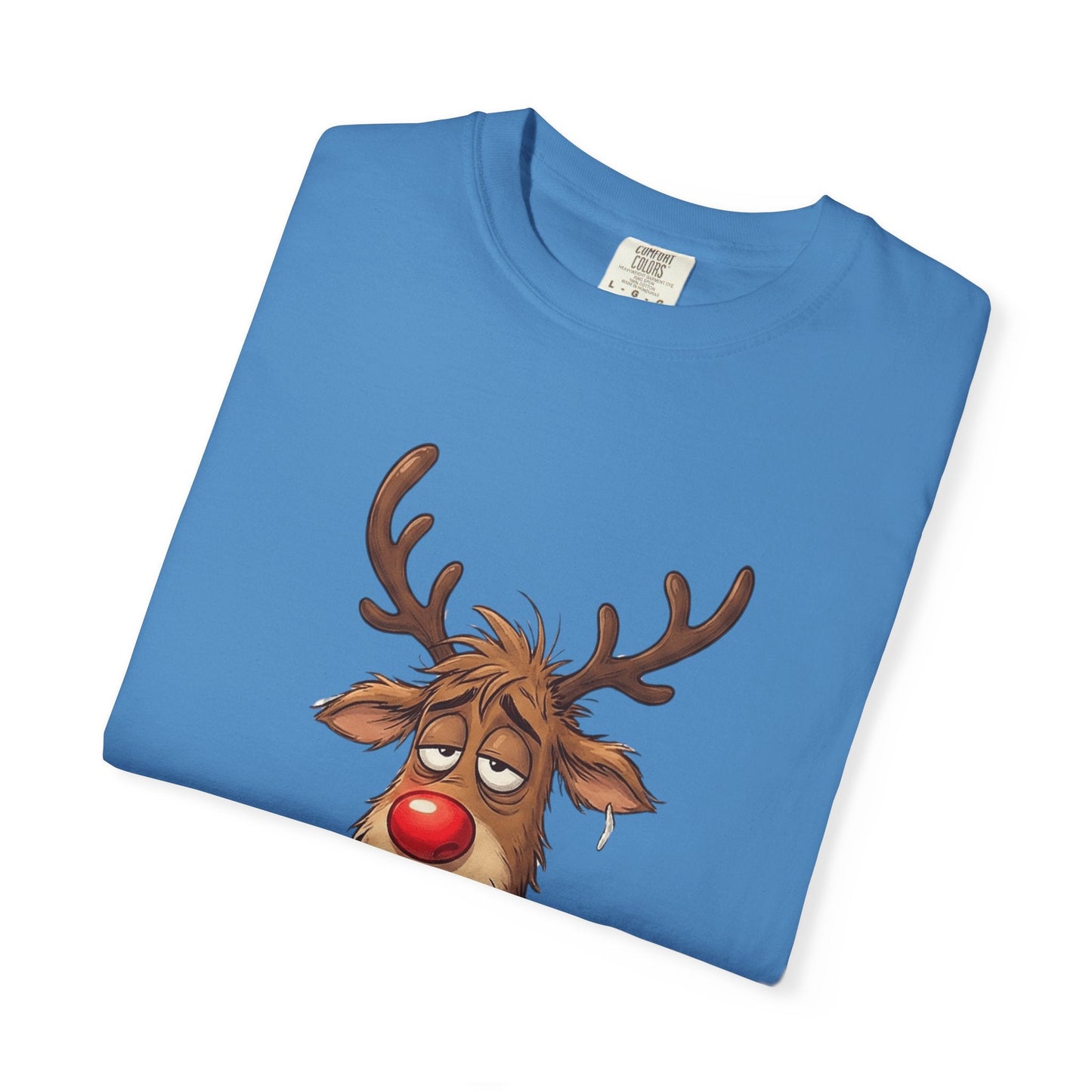 Cozy Reindeer Retreat: Sleepy Santa's Helper, Digital Cartoon Illustration, Festive Pajama Comfort T-shirt – Custom T-Shirt by PixelCraft360, unique decoration for events and special gifts