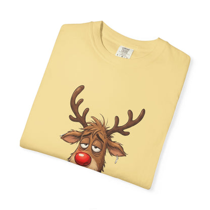 Cozy Reindeer Retreat: Sleepy Santa's Helper, Digital Cartoon Illustration, Festive Pajama Comfort T-shirt – Custom T-Shirt by PixelCraft360, unique decoration for events and special gifts