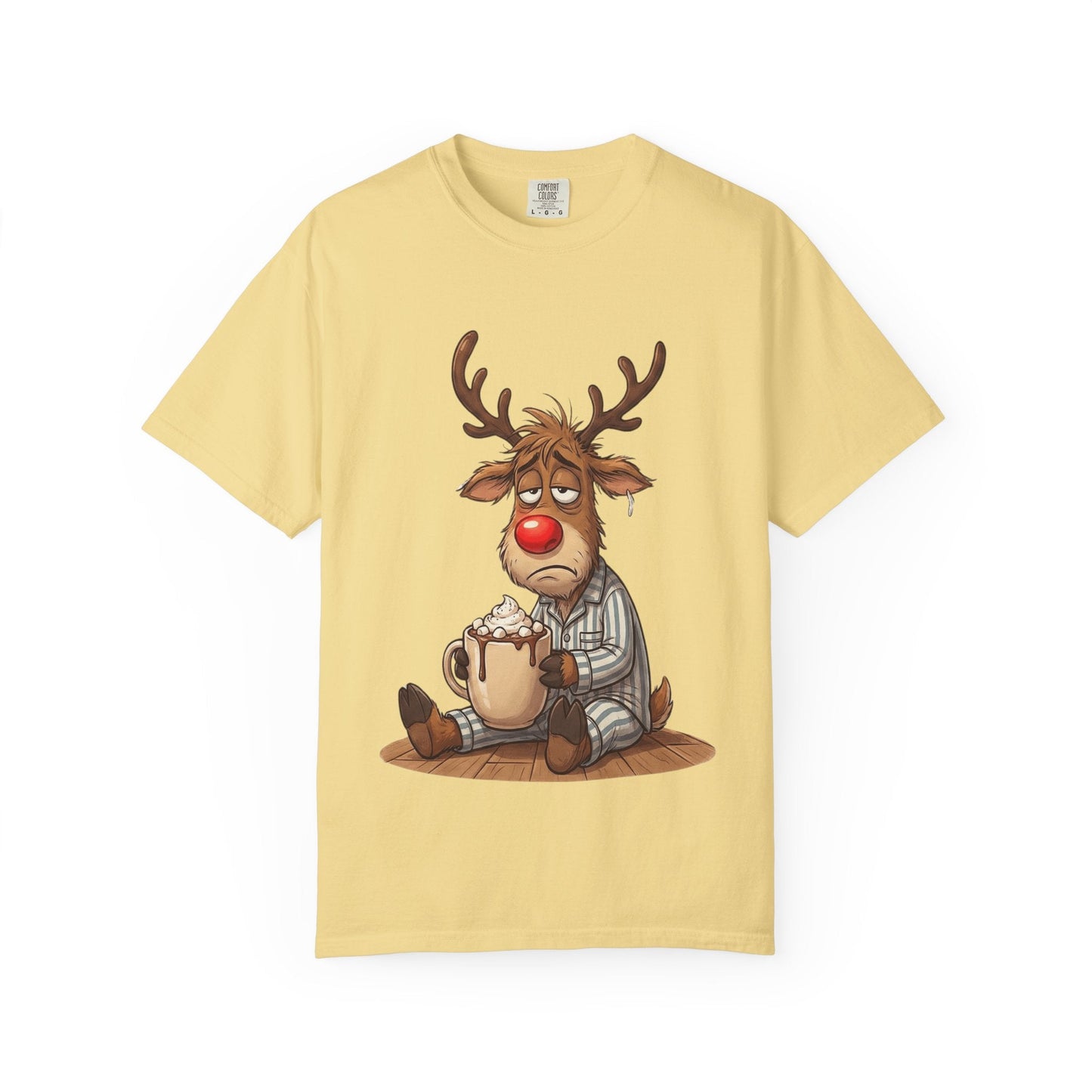 Cozy Reindeer Retreat: Sleepy Santa's Helper, Digital Cartoon Illustration, Festive Pajama Comfort T-shirt – Custom T-Shirt by PixelCraft360, unique decoration for events and special gifts