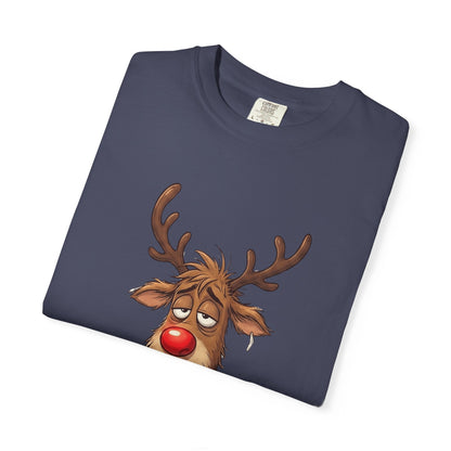 Cozy Reindeer Retreat: Sleepy Santa's Helper, Digital Cartoon Illustration, Festive Pajama Comfort T-shirt – Custom T-Shirt by PixelCraft360, unique decoration for events and special gifts