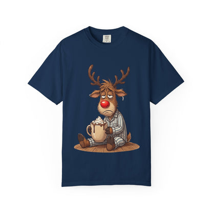 Cozy Reindeer Retreat: Sleepy Santa's Helper, Digital Cartoon Illustration, Festive Pajama Comfort T-shirt – Custom T-Shirt by PixelCraft360, unique decoration for events and special gifts