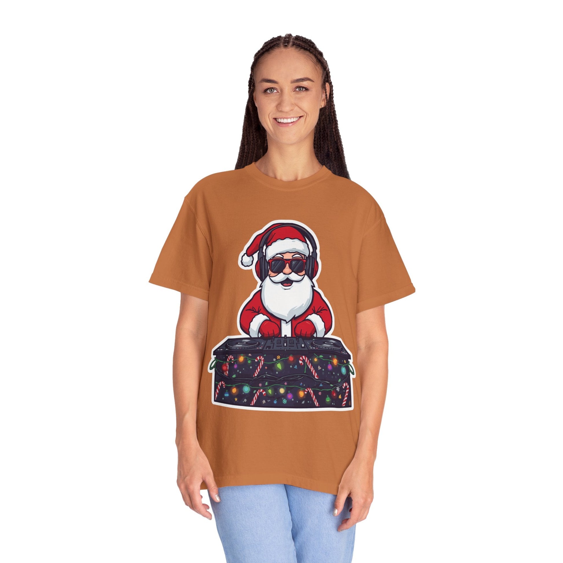 DJ Santa: Holiday Beats Remix, Festive Pop Culture IllustrationT-Shirt – Custom T-Shirt by PixelCraft360, unique decoration for events and special gifts