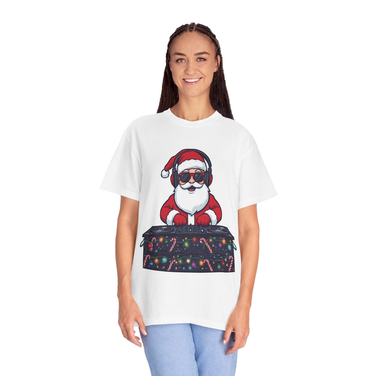 DJ Santa: Holiday Beats Remix, Festive Pop Culture IllustrationT-Shirt – Custom T-Shirt by PixelCraft360, unique decoration for events and special gifts
