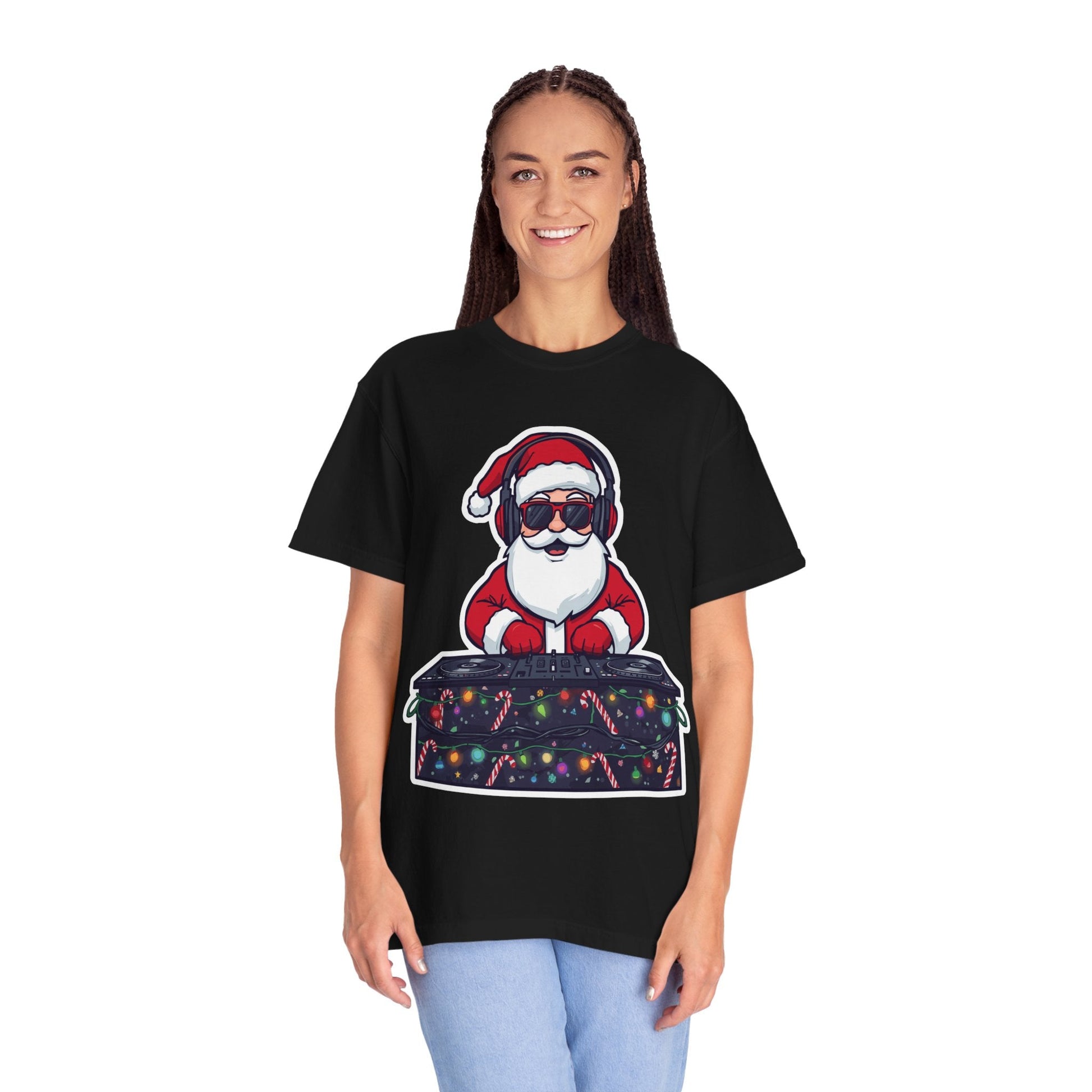 DJ Santa: Holiday Beats Remix, Festive Pop Culture IllustrationT-Shirt – Custom T-Shirt by PixelCraft360, unique decoration for events and special gifts