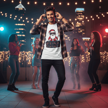 DJ Santa: Holiday Beats Remix, Festive Pop Culture IllustrationT-Shirt – Custom T-Shirt by PixelCraft360, unique decoration for events and special gifts