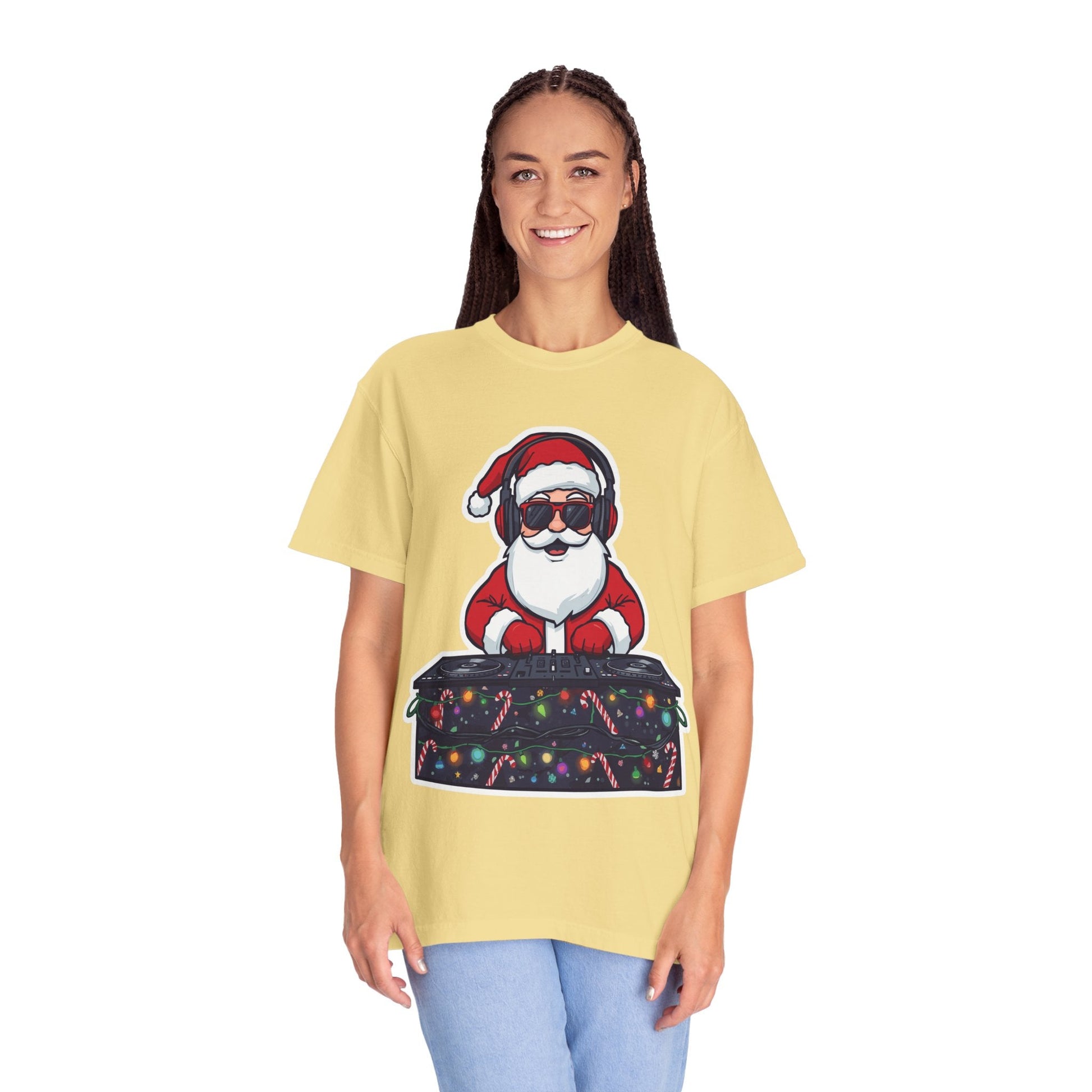 DJ Santa: Holiday Beats Remix, Festive Pop Culture IllustrationT-Shirt – Custom T-Shirt by PixelCraft360, unique decoration for events and special gifts