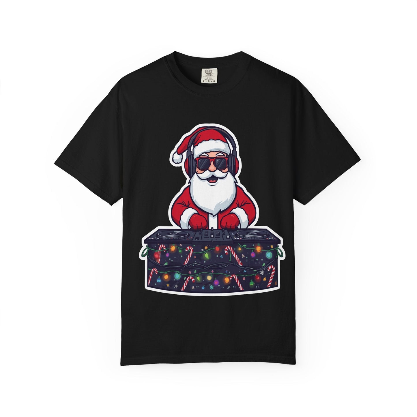DJ Santa: Holiday Beats Remix, Festive Pop Culture IllustrationT-Shirt – Custom T-Shirt by PixelCraft360, unique decoration for events and special gifts