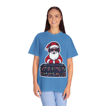 DJ Santa: Holiday Beats Remix, Festive Pop Culture IllustrationT-Shirt – Custom T-Shirt by PixelCraft360, unique decoration for events and special gifts