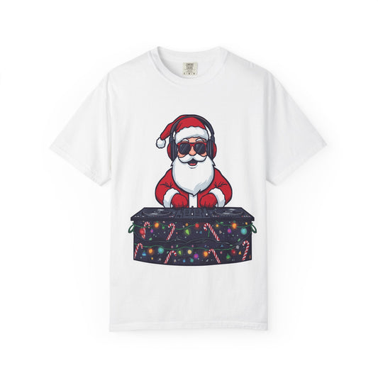 DJ Santa: Holiday Beats Remix, Festive Pop Culture IllustrationT-Shirt – Custom T-Shirt by PixelCraft360, unique decoration for events and special gifts