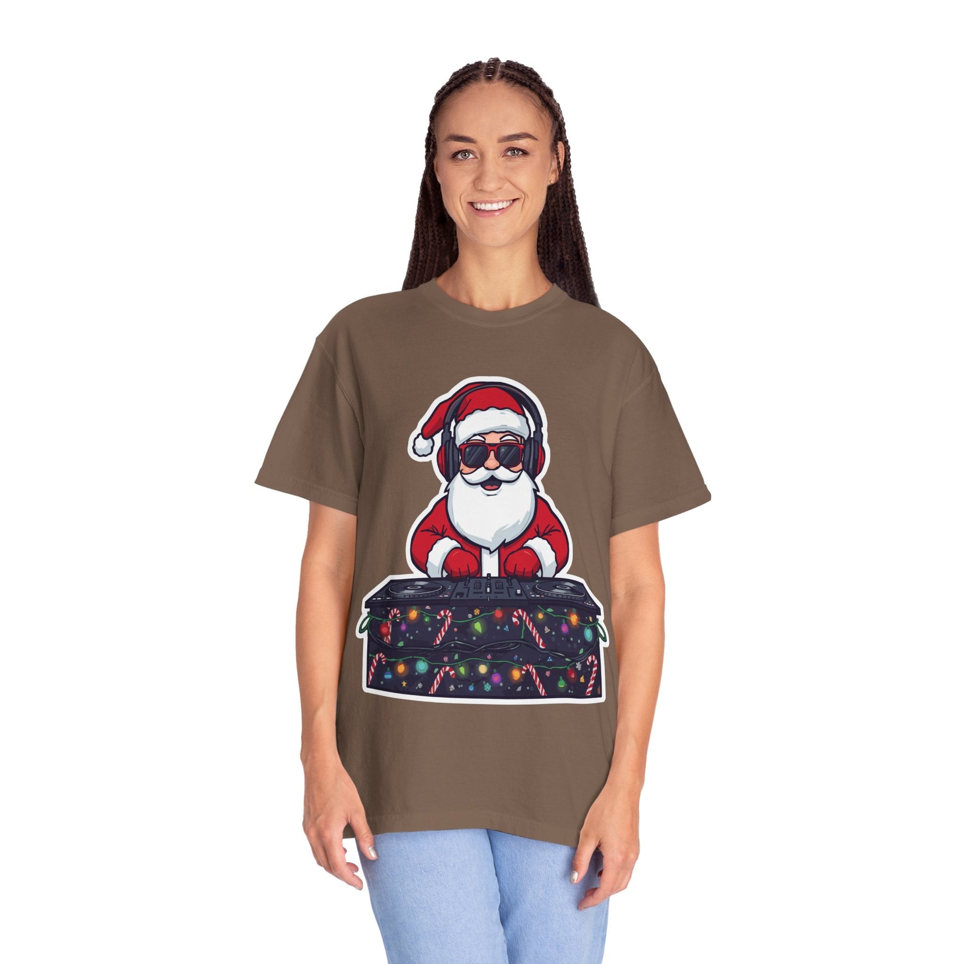 DJ Santa: Holiday Beats Remix, Festive Pop Culture IllustrationT-Shirt – Custom T-Shirt by PixelCraft360, unique decoration for events and special gifts