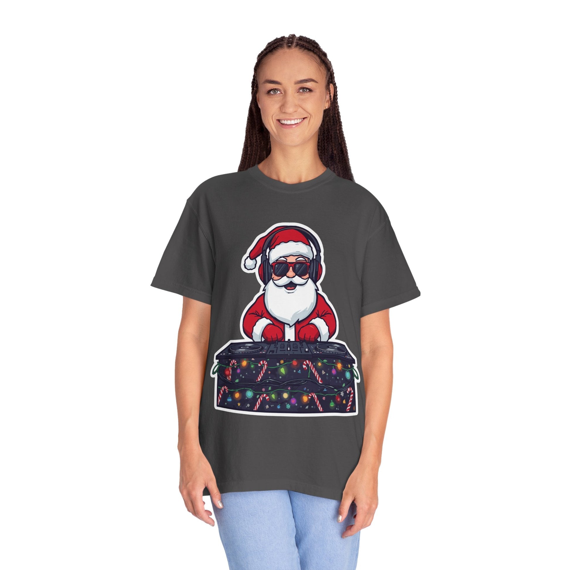 DJ Santa: Holiday Beats Remix, Festive Pop Culture IllustrationT-Shirt – Custom T-Shirt by PixelCraft360, unique decoration for events and special gifts