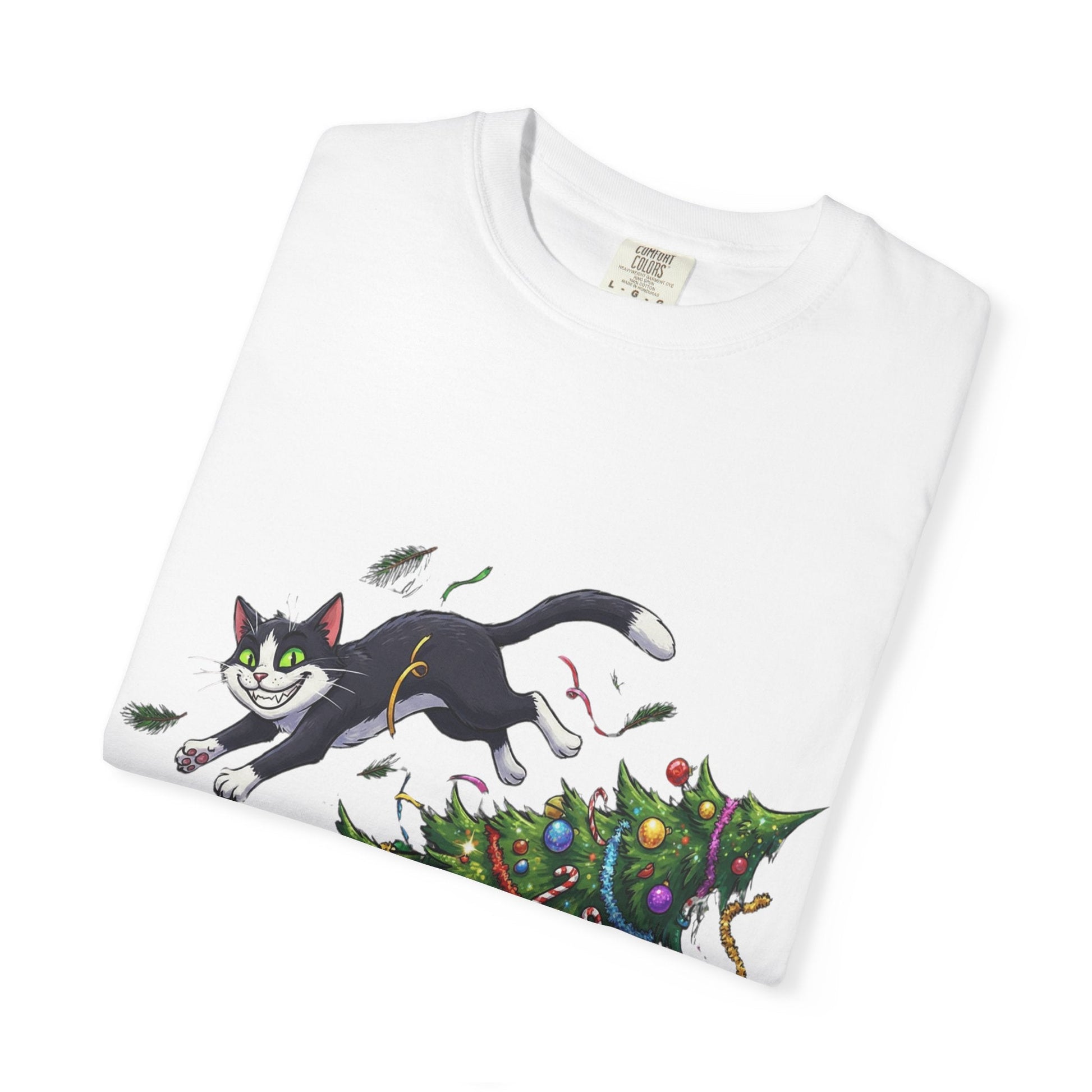 Feline Festive Frenzy: Christmas Tree Chaos, Whimsical Holiday Cartoon Illustration T-shirt – Custom T-Shirt by PixelCraft360, unique decoration for events and special gifts