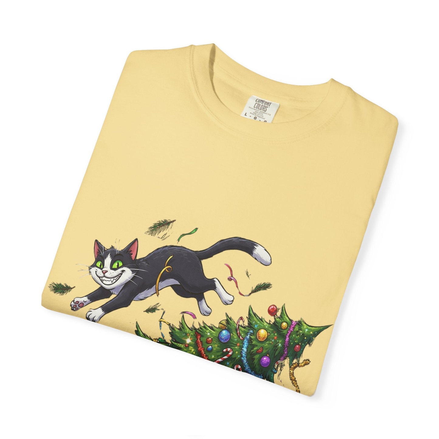 Feline Festive Frenzy: Christmas Tree Chaos, Whimsical Holiday Cartoon Illustration T-shirt – Custom T-Shirt by PixelCraft360, unique decoration for events and special gifts